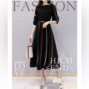 Chiffon M dress black panels piping elbow sleeve